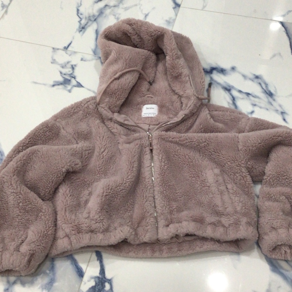 Bershka Taupe Fleece Zip-Up Jacket
